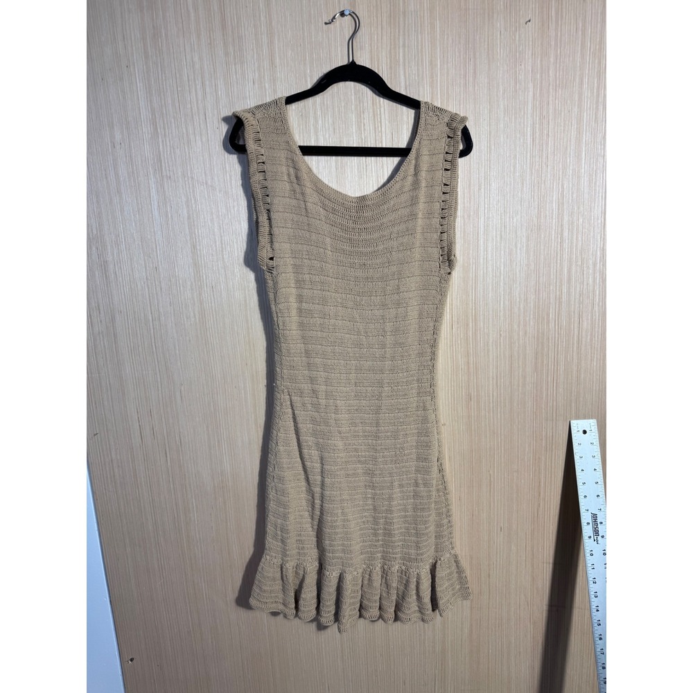 Theory Womens Tan Beige Crochet Knit 100% Cotton Ruffle Mini Dress Large L